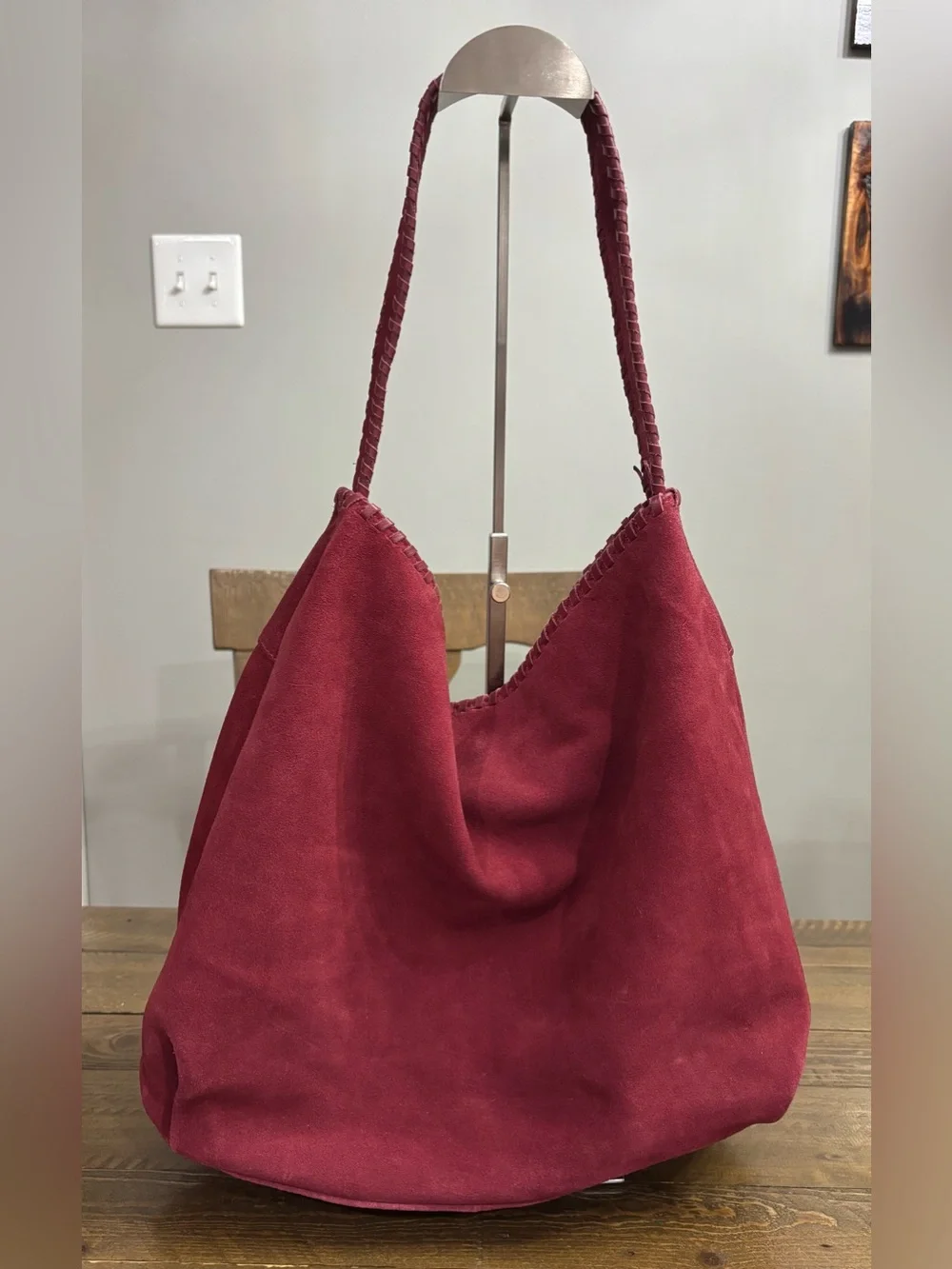 Authentic Leather Shoulder Hobo Bag in Burgundy With Whipstitch Detail